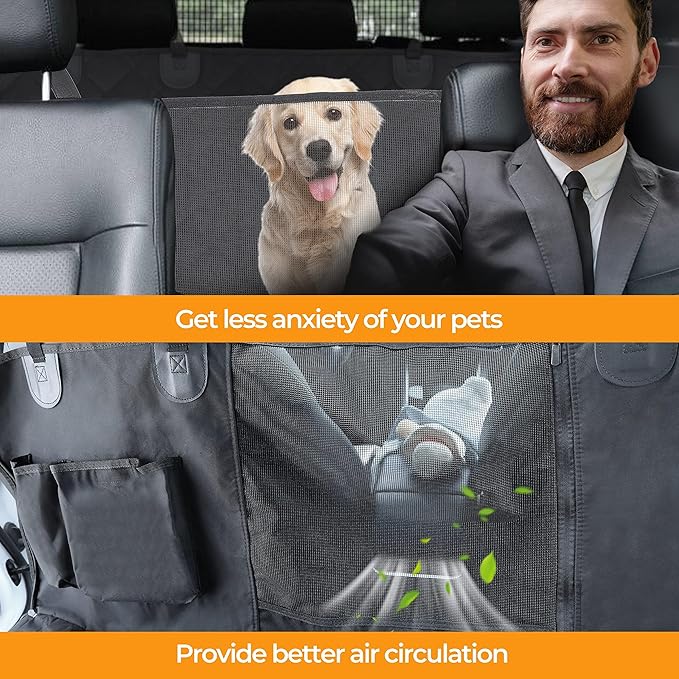 YSSOA Dog Car Seat Cover for Back Seat, Durable Waterproof Nonslip Pets Hammock with Mesh Window and Storage Pocket, Suitable for Cars, Trucks, SUVs, X-Large