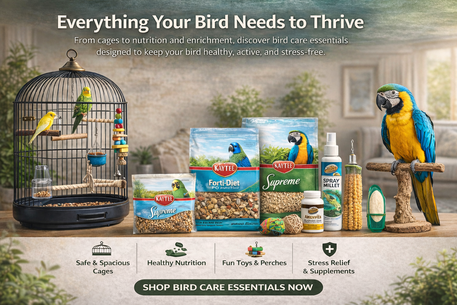 Bird care products including a cage, food packages, and supplements on a table with a parrot and other birds.
