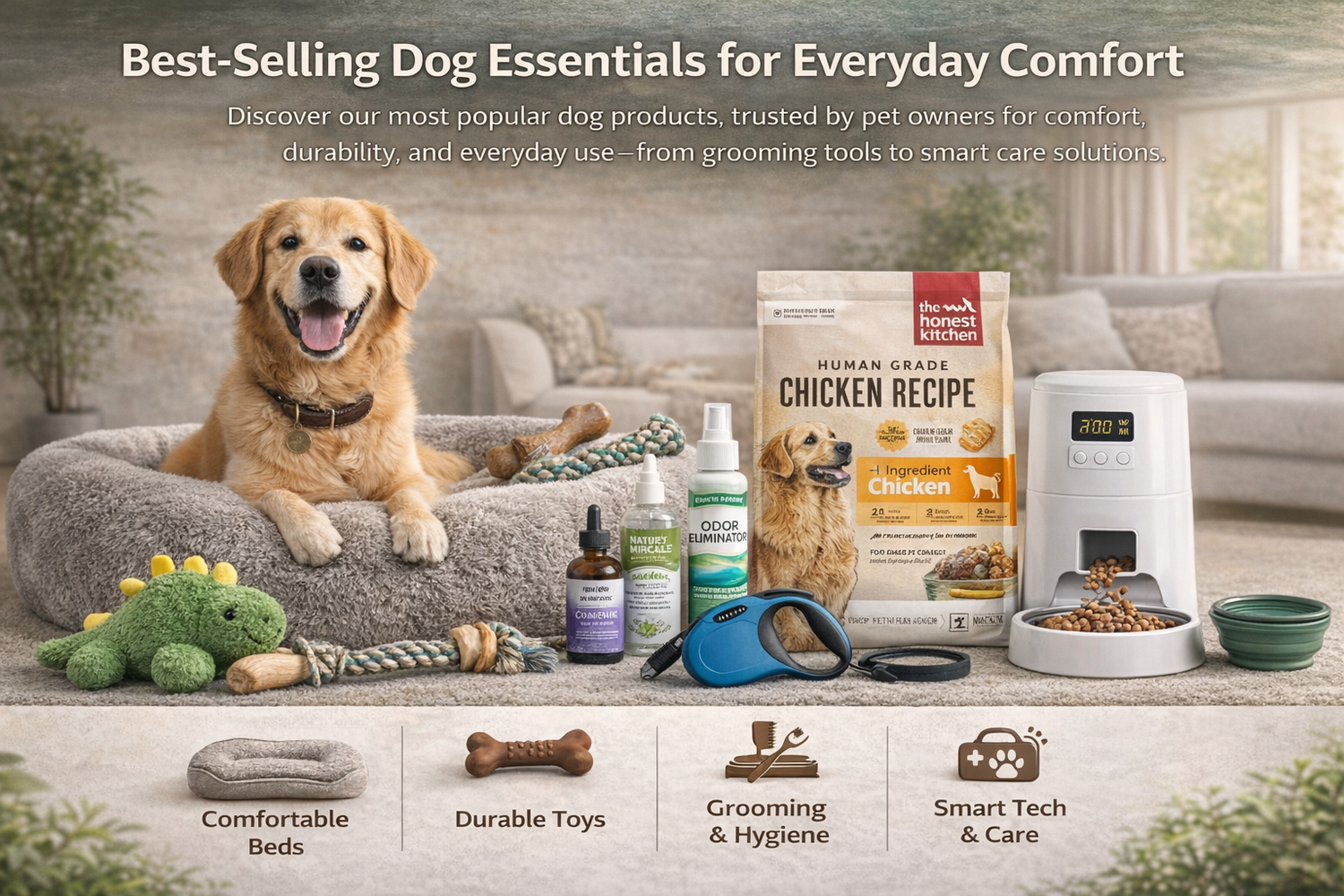 Dog lying on a comfortable bed with various dog products displayed, including a chicken recipe bag, pet toys, and grooming tools.