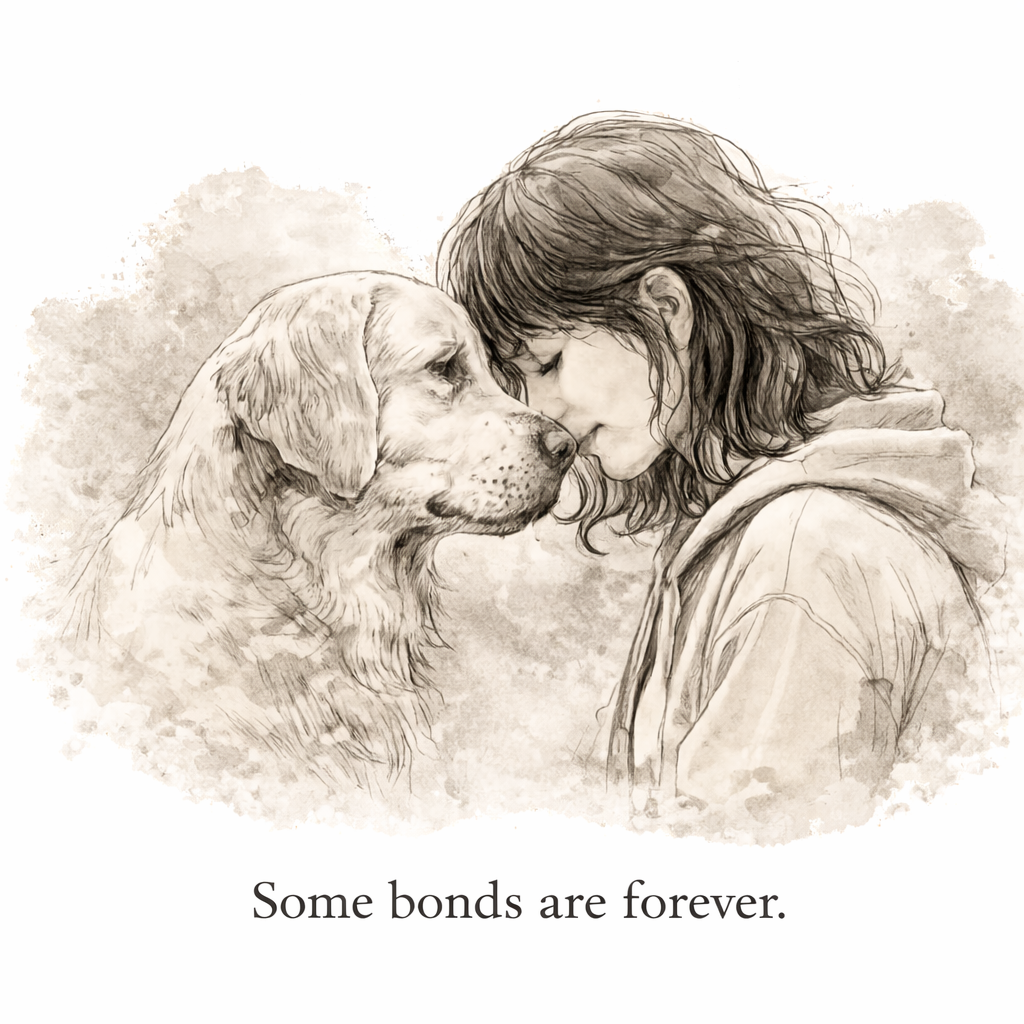 Illustration of a woman and dog with the text 'Some bonds are forever.'