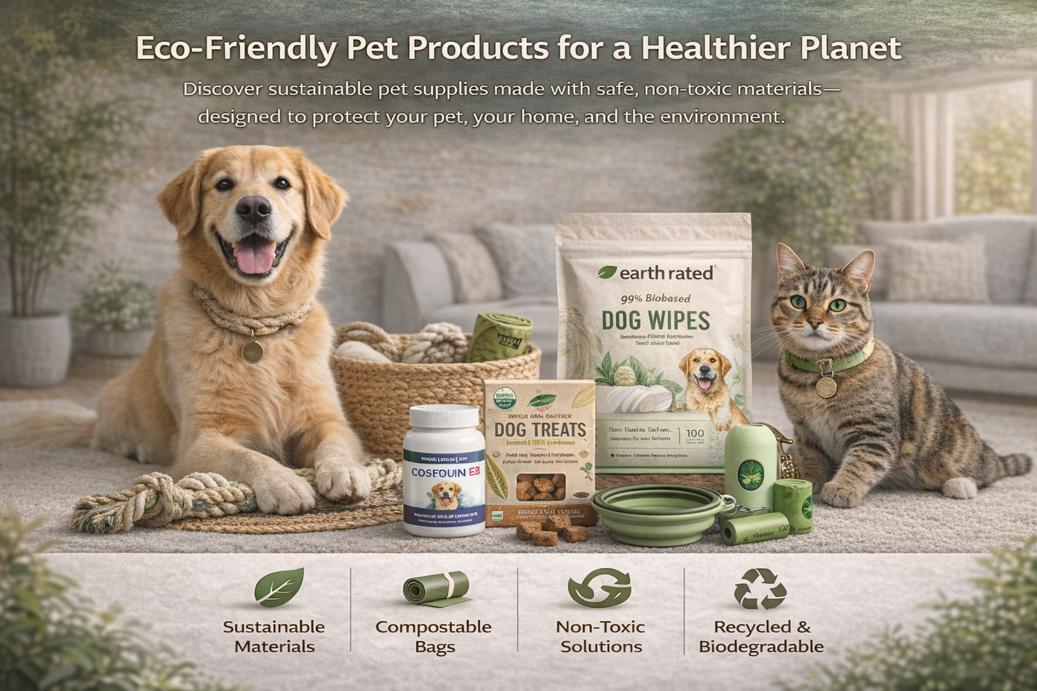 Eco-friendly pet products including a dog, cat, and various pet care items on a living room floor.