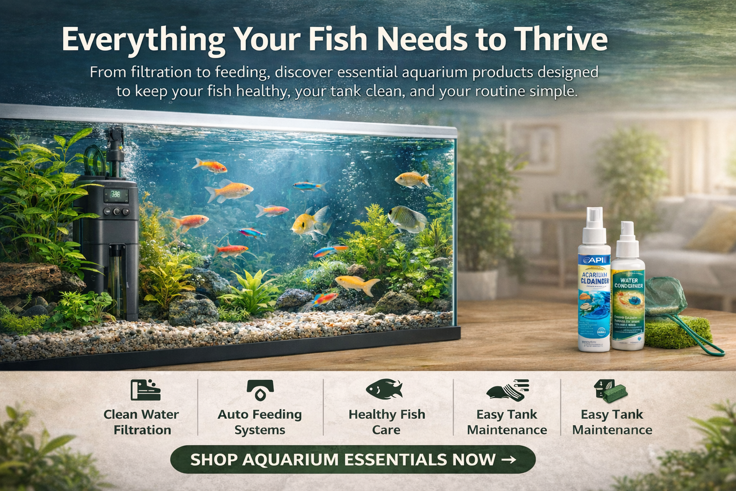 Advertisement for aquarium products with a fish tank and cleaning supplies on a table.