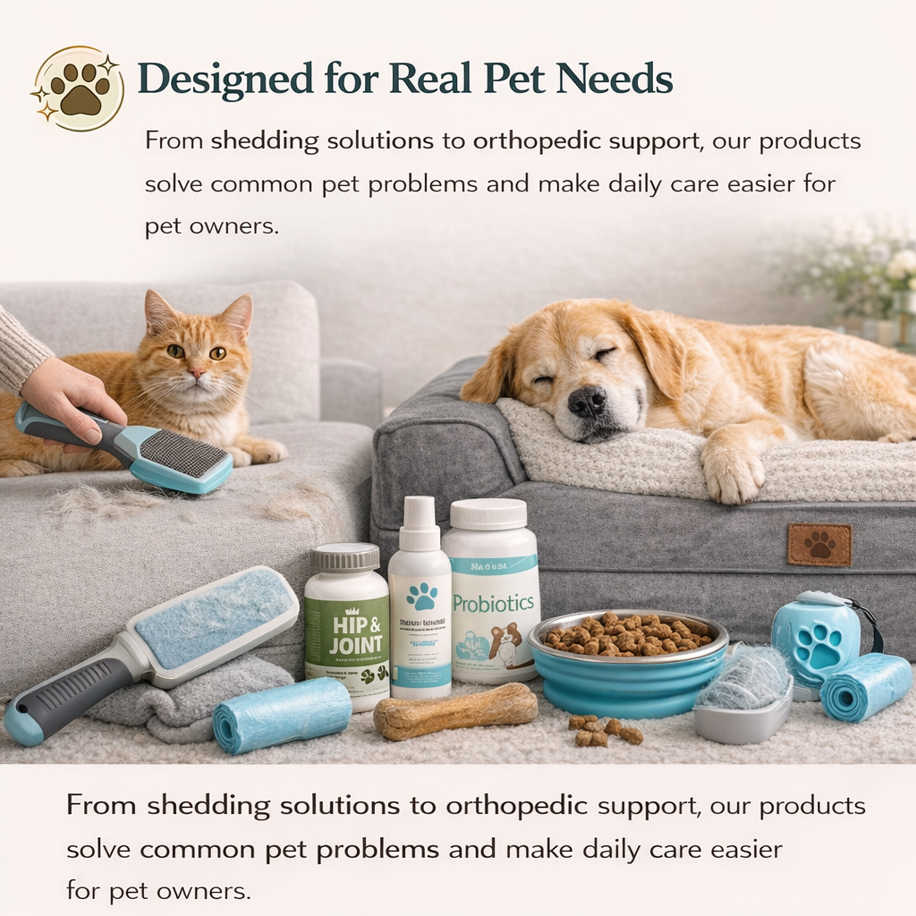 Pet care products including a dog, cat, and various pet care items on a couch.