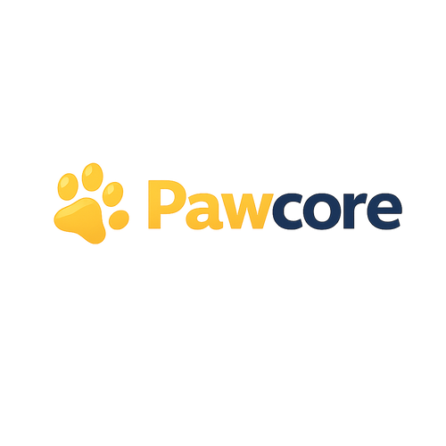 Pawcore logo with a yellow paw print and blue text on a white background