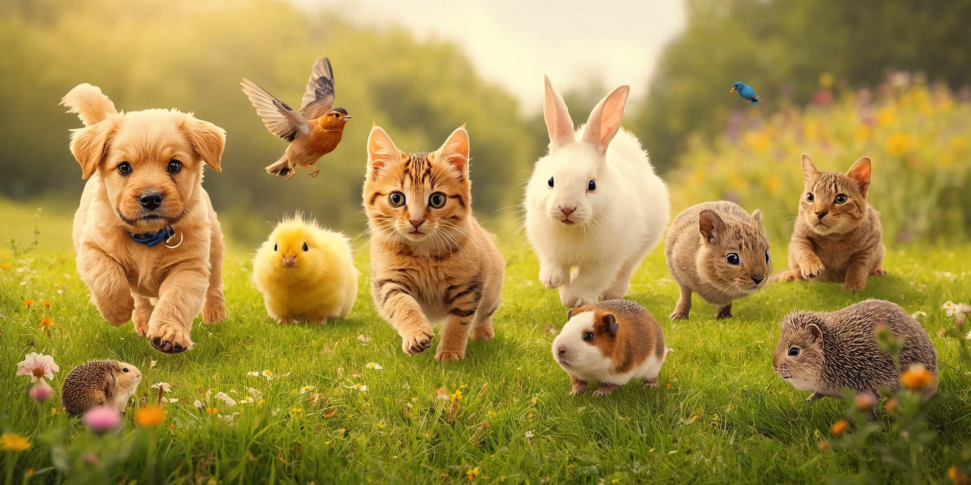 Group of small animals including a puppy, cat, rabbit, and others on a grassy field with flowers.
