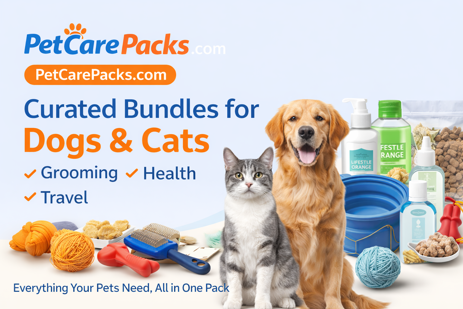 Promotional graphic for PetCarePacks.com showing a golden retriever and a gray tabby cat beside assorted pet care items, including grooming brushes, bowls, bottles, treats, and toys, with text reading 'Curated Bundles for Dogs & Cats' and 'Everything Your Pets Need, All in One Pack.