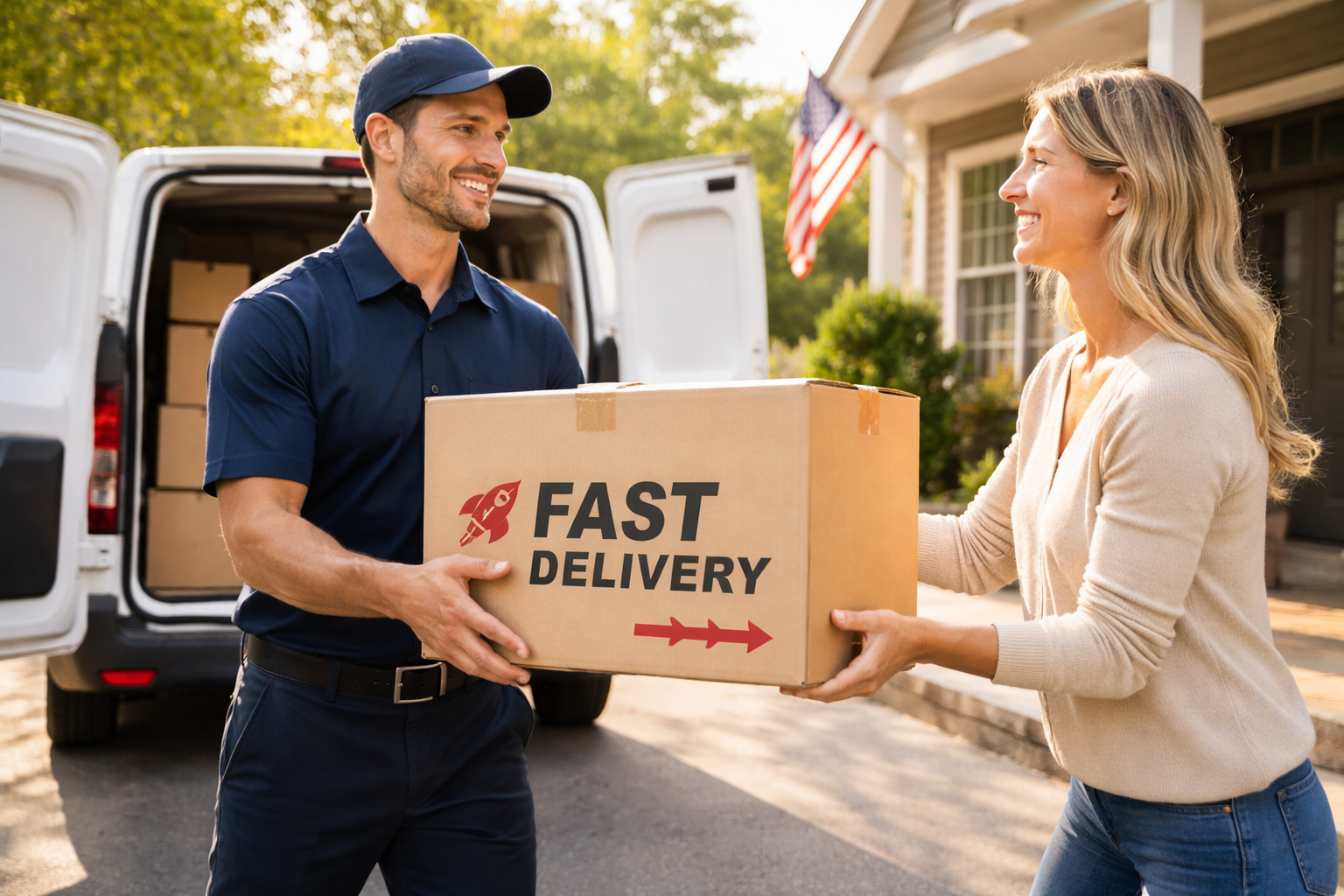 Delivery person handing a 'Fast Delivery' box to a customer in front of a van.