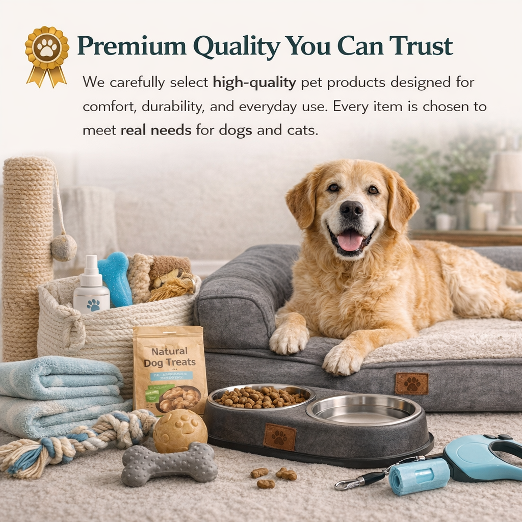 Dog lying on a pet bed with pet supplies including a bowl, treats, and toys in a home setting.