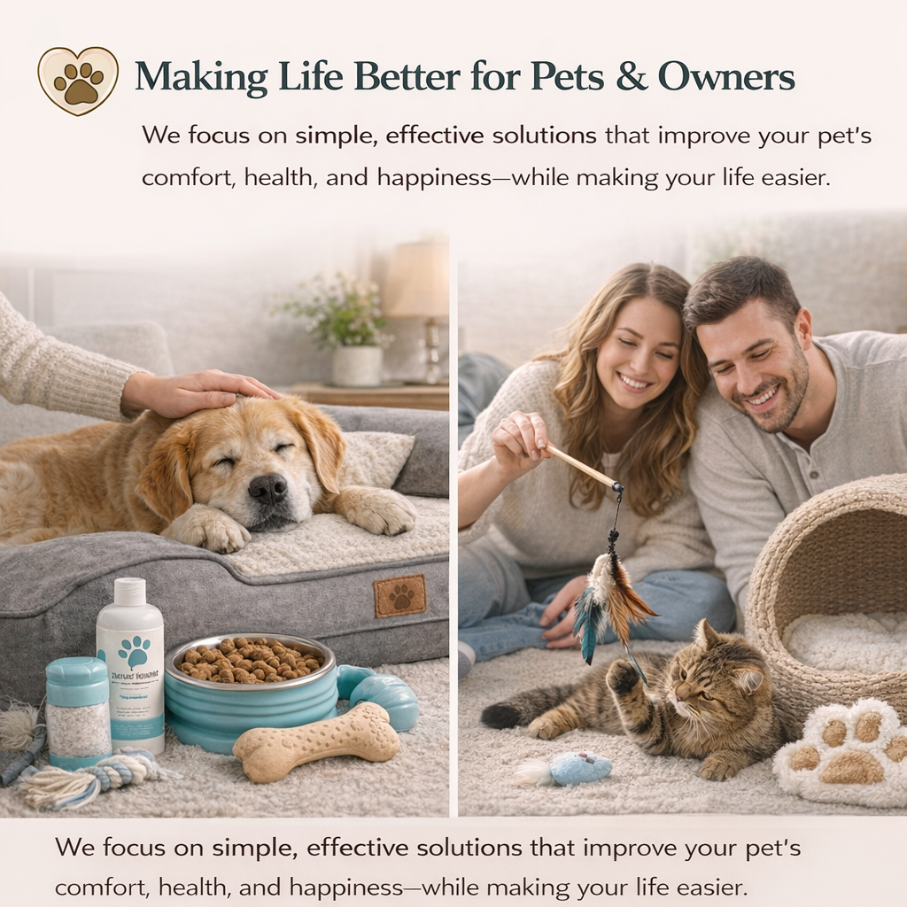 Advertisement for pet products and services with a couple and their pets on a couch.