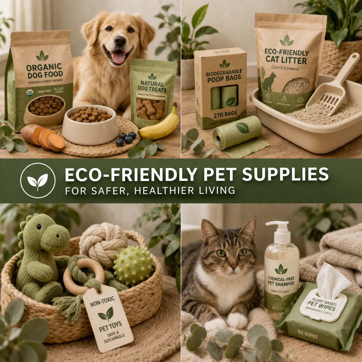 Collage of eco-friendly pet supplies including dog food, cat litter, toys, and grooming products.