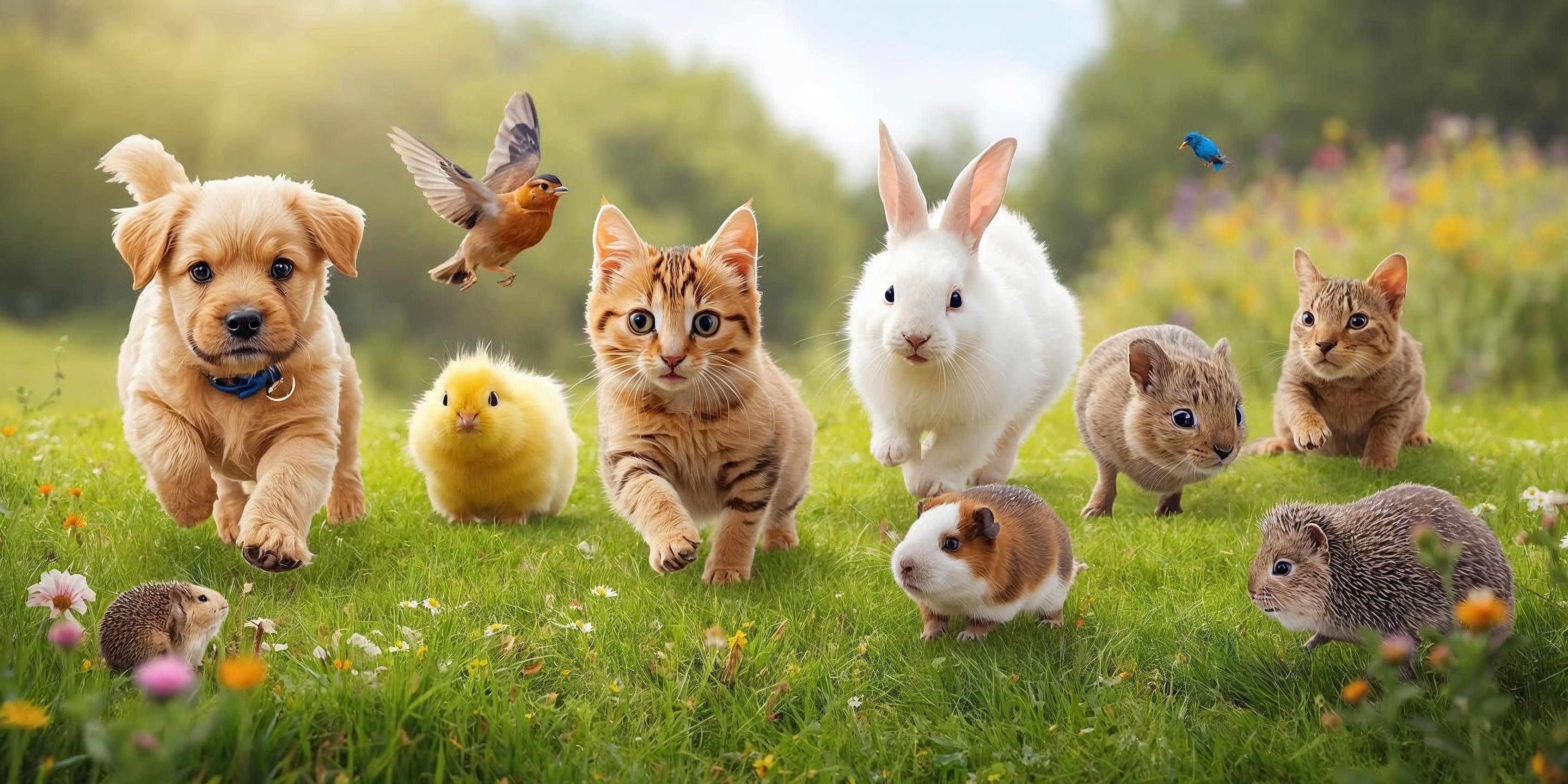 Group of small animals including a puppy, cat, rabbit, and others on a grassy field with flowers.